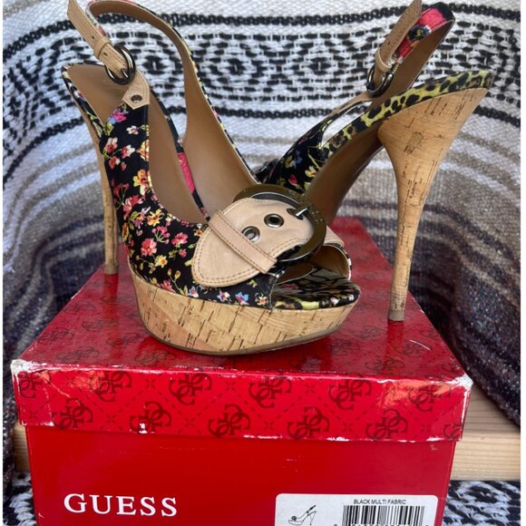 Guess corky open toe heels - black floral with box - Picture 5 of 5